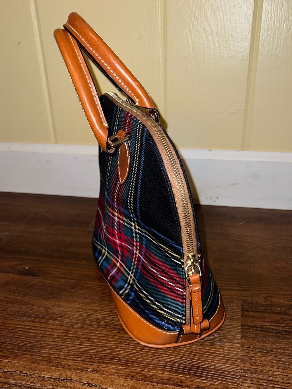Dooney & Bourke Navy Quiet Luxury Plaid Red Tartan Leather Trim Zip Up Satchel - Picture 8 of 15